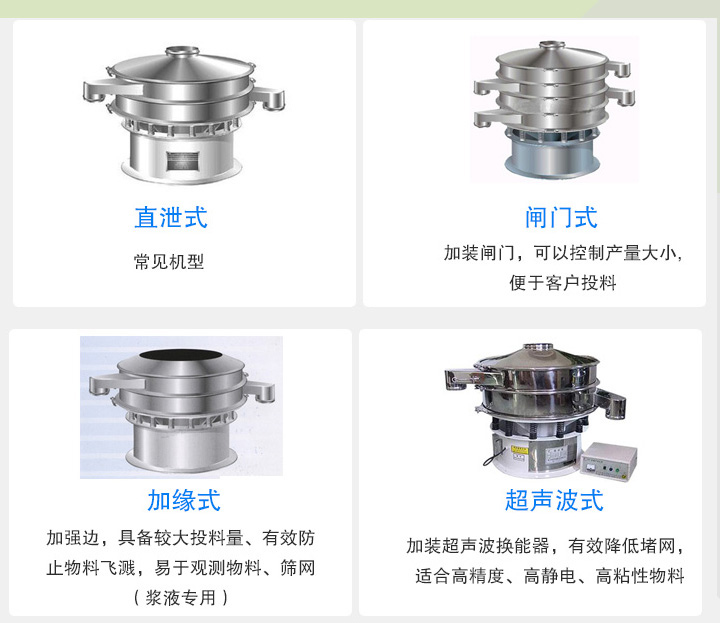 大漢旋振篩根據不同行業的要求分爲直洩式、閘門式、加緣式、超聲波式等設計